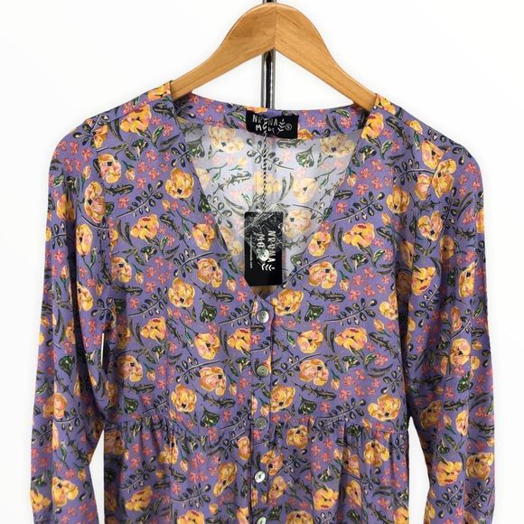 Nrvna Mode Jeanne Purple Floral Mini Shirt Dress Long Sleeve size Small NWT - Picture 4 of 12